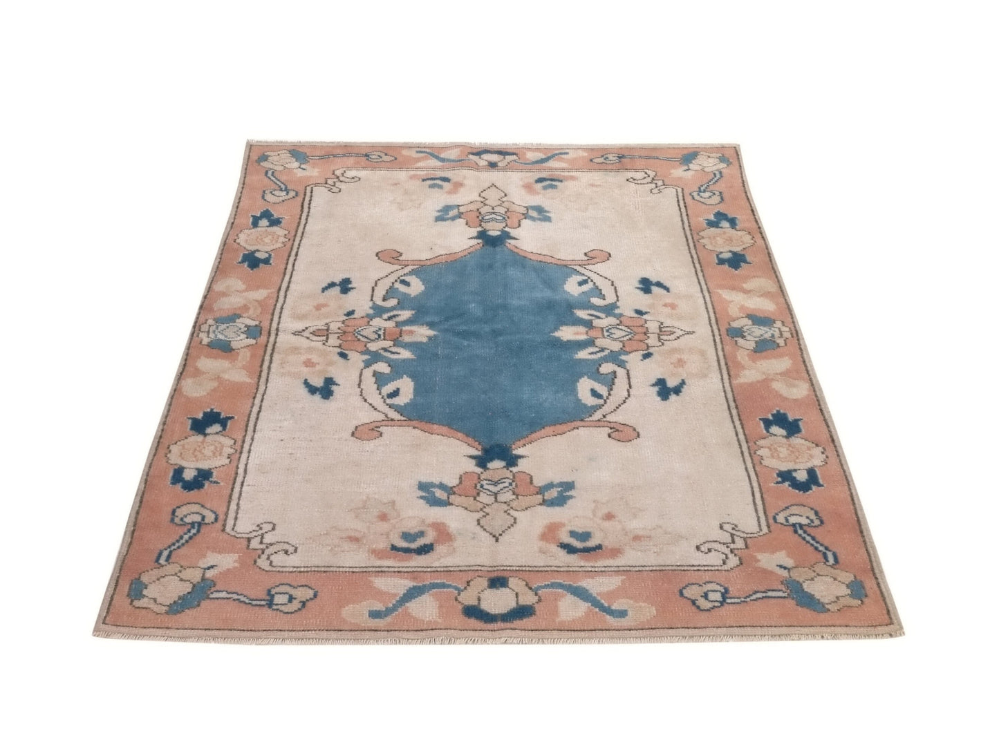 Turkish Rug, Oushak Rug, Vintage Rug, Area rug, Handmade rug, 4x5 Rug, Carpet rug, Beige Blue Small Rug, Kid room rug, Coastal decor, 10046