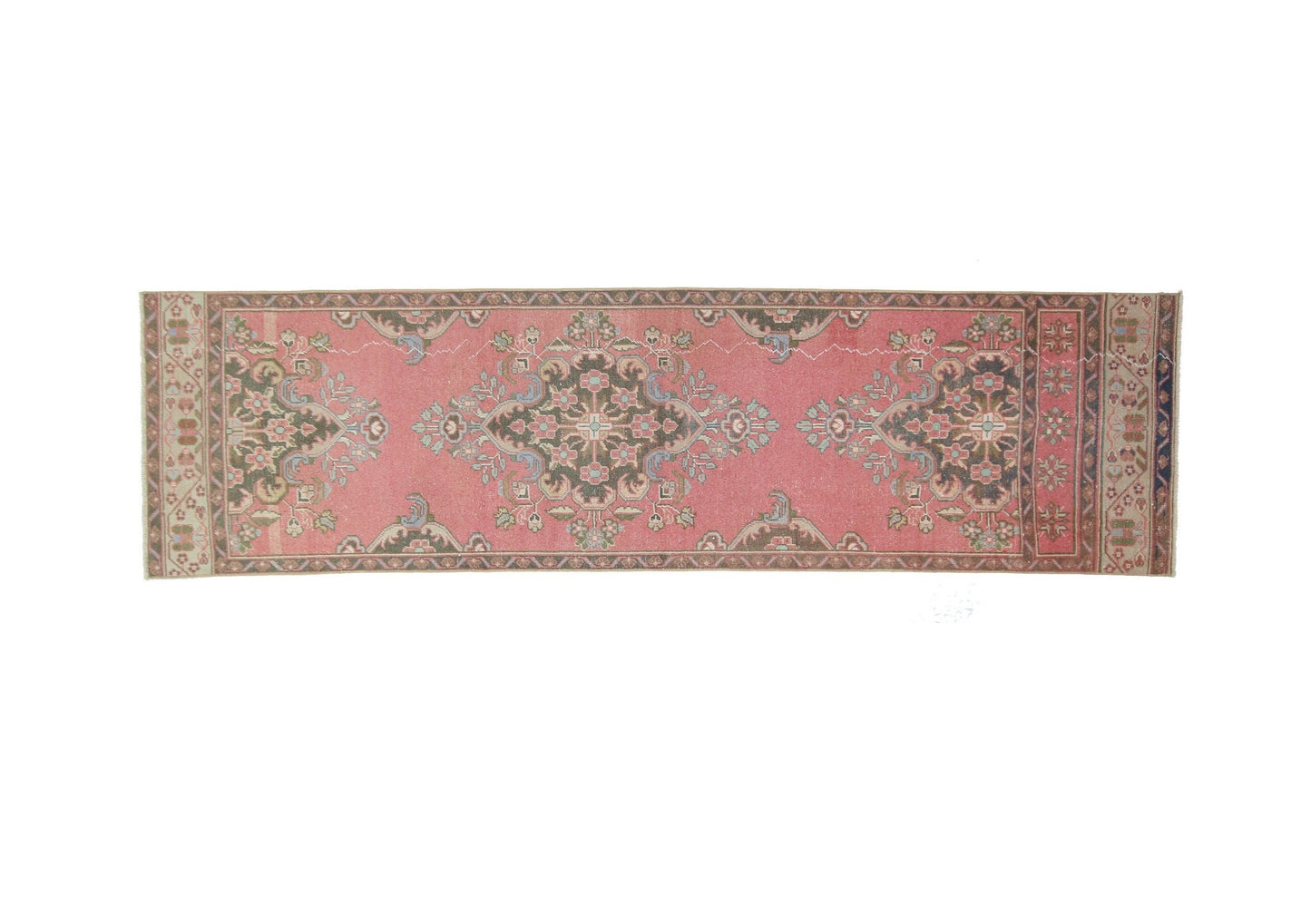 Vintage Turkish Oushak Runner Rug,Hand knotted rug, Hallway Runner, Pink Runner Rug, 3x11 Runner Rug, Carpet runner, Kitchen rug, 6504