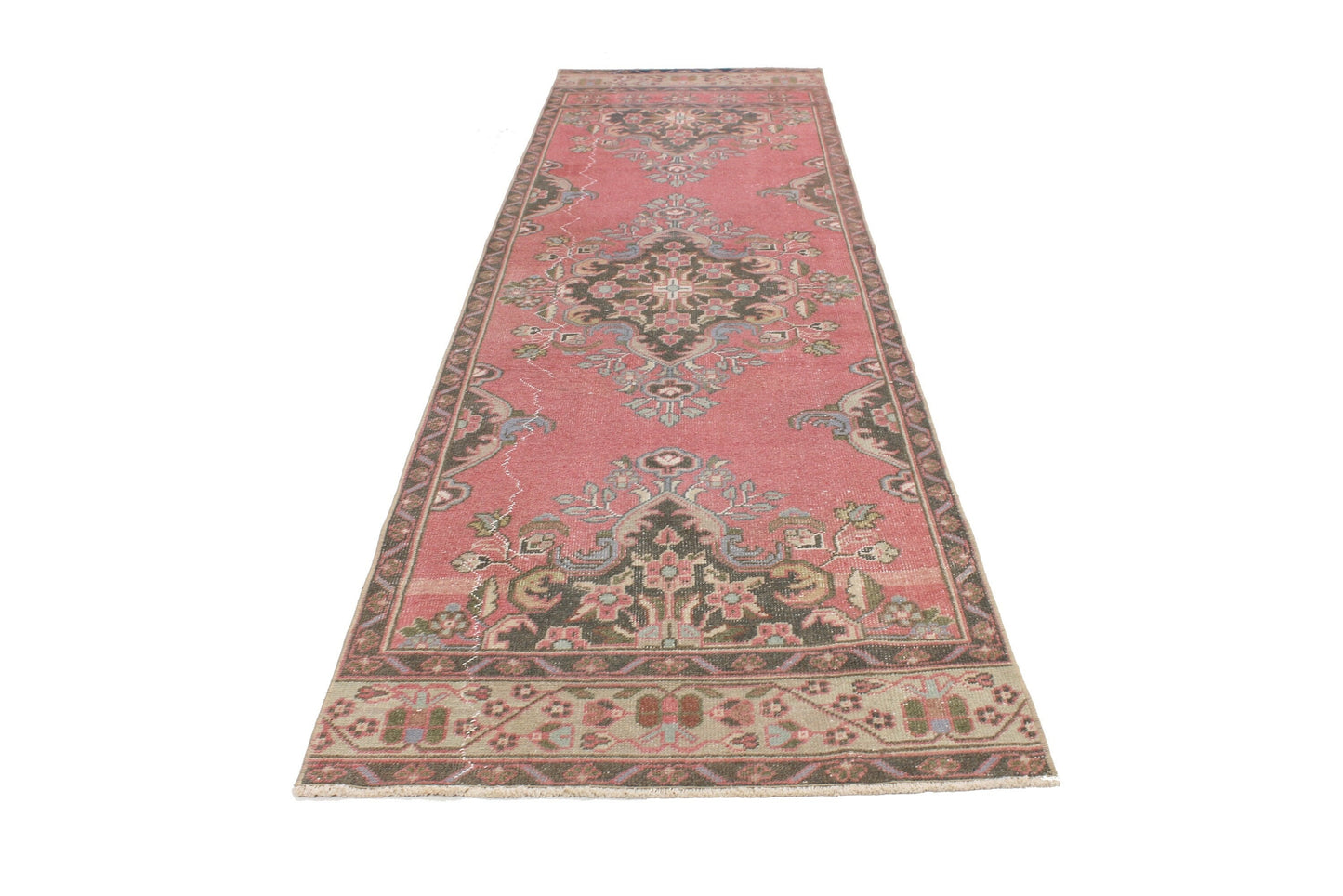 Vintage Turkish Oushak Runner Rug,Hand knotted rug, Hallway Runner, Pink Runner Rug, 3x11 Runner Rug, Carpet runner, Kitchen rug, 6504