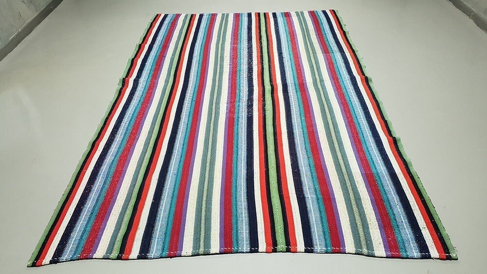 Striped Rainbow Kilim rug, Minimalist Area rug, Neutral Kilim rug ,Turkish Kilim Rug, Fine Vintage Kilim rug, Contemporary, Bedroom,2653
