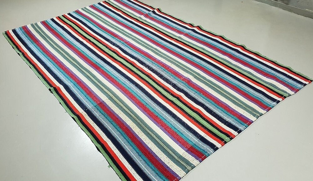Striped Rainbow Kilim rug, Minimalist Area rug, Neutral Kilim rug ,Turkish Kilim Rug, Fine Vintage Kilim rug, Contemporary, Bedroom,2653