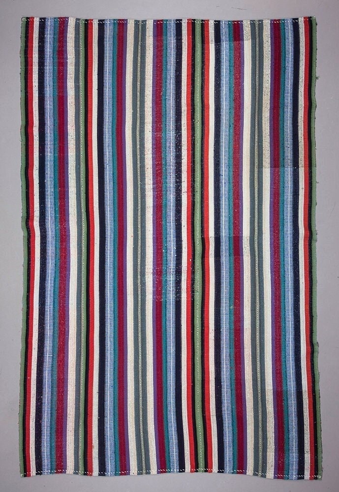 Striped Rainbow Kilim rug, Minimalist Area rug, Neutral Kilim rug ,Turkish Kilim Rug, Fine Vintage Kilim rug, Contemporary, Bedroom,2653