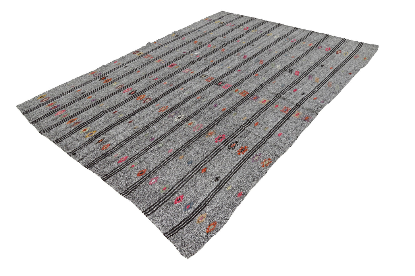 Gray Black Striped Kilim, Kilim Rug, Rustic Primitive Kilim rug, Turkish Vintage Kilim Rug 8x10, Living Room Rug, Decorative Rug, 8026